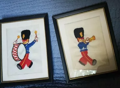  Pair Of 2 Needlepoint Framed Marching Band Soldiers Bugle/Drum Stitched Vintage • $15