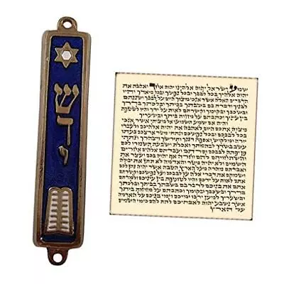  Ten Commandments MEZUZAH With Scroll Blue Enamel Golden Israel Judaica Door  • $20.09