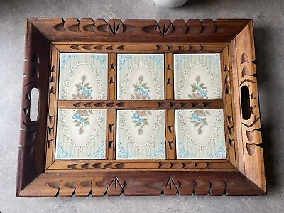 Vintage Carved Wood Mexican Tile Tray W/Handles Floral MCM Folk Art 70s 80s • $38.99