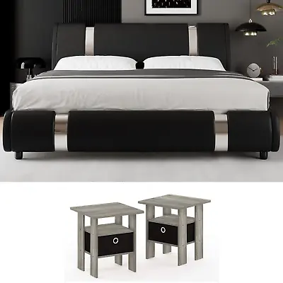 Black Queen Size Bedroom Set Furniture Leather Upholstered Platform Nightstands • $1400