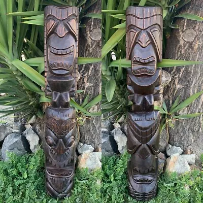 Hawaiian Tiki Gods Ku & Kane Lono And Kanaloa Wood Carved Half Statue Set Of 2 • £168.90