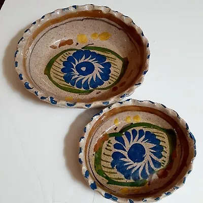 Vtg Pair Mexican Handpainted Yellow Clay Pottery Oval Nesting Bowls Fluted Edge • $12.69