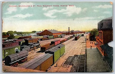 Austin MN Chicago Milwaukee & St Paul Railroad Yards~Boxcars~Locomotive C1910 • $10