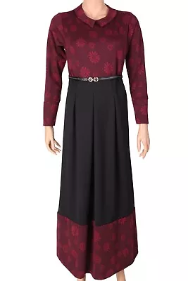 Womens Modest Dress Abaya Floral Print Collared - Burgundy • £15.99