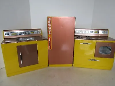 Vintage Doll Gabriel Metal Toy Kitchen Set Stove Sink Refrigerator Retro Yellow • $74.87