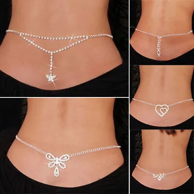 £5.49 • Buy Bikini Rhinestone Harness Lower Back Crossover Belly Waist Body Chain Necklace 