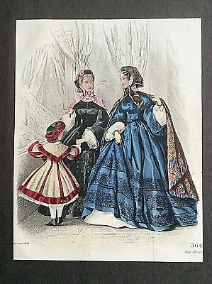 1861 FASHION PLATE COSTUME. ANTIQUE HAND COLOURED ENGRAVED PRINT 24cmX19cm (A2) • £9