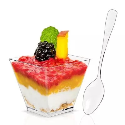 20 X 2oz Square Mini Dessert Cups With Spoons Clear Plastic Parfait Appetizer • $15.87