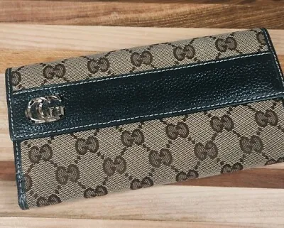 Vintage Gucci Monogram Wallet Hunter Green Pebbled Leather And Double GG Fold • $39.99