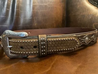 Nocona Western Leather Ostrich Arrow Weave Concho Men Belt 38 NEW • $55