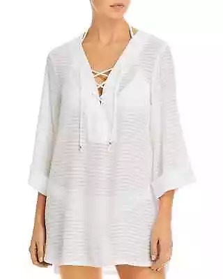 J Valdi Lace Up Shirt Swim Cover Up Sheer Striped 3/4 Sleeve White S • $24.99