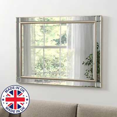 Large Champagne Silver Edge Venetian Rectangle Bevelled Wall Mirror 106cm X 77cm • £172