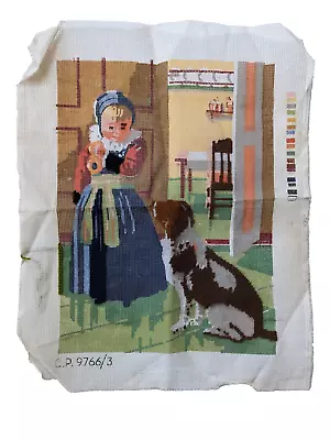 Vintage Needlepoint Canvas Dutch Girl With Dog Irish Setter **STARTED** 19  X15  • $48