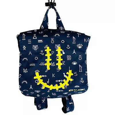 Kenzo Kids Smiley Face Backpack Navy Blue Yellow Fold Over Flap 100% Cotton • $35