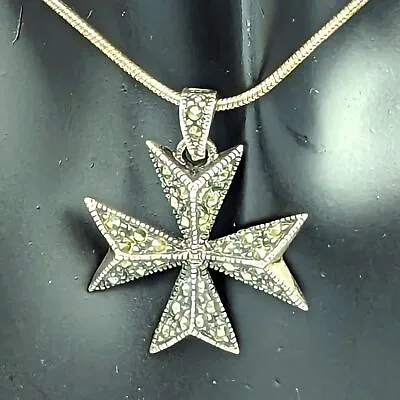 Maltese Cross Pendant Sterling Silver Marcasite On Snake Chain Vintage 925 • $50