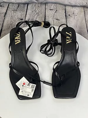 Zara Black Leather Square Toe Thong Strappy Sandals Heels Sz 41 Us 10 Sold Htf • $89.99