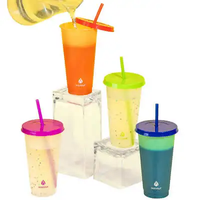 $11.99 • Buy New MANNA 4 Pack Color Changing Reusable Tumblers W/ Lids & Straw Set - 24oz 