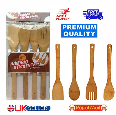 £4.93 • Buy 4 Pcs BAMBOO SPOONS Wooden Spatula Kitchen Cooking Utensils Tools Turner Set New