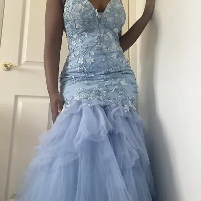 Baby Blue Fishtail Mermaid Ruffle Bottom Prom/Maid Of Honour Dress (UK SIZE L) • £170