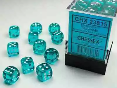 Chessex - Translucent Teal/White 12mm D6 Dice Block (36 Dice) • $19