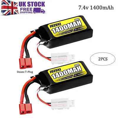 2Pcs 2S 1400mAh 7.4V Lipo Battery With Deans T-Plug For 1/10 1/16 1/18 1/24 Rc • £18.98