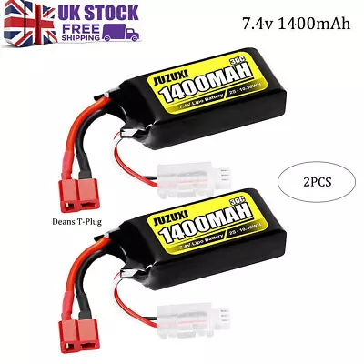 2Pcs 2S 1400mAh 7.4V Lipo Battery With Deans T-Plug For 1/10 1/16 1/18 1/24 Rc • £18.98