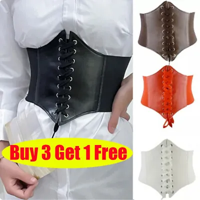 Lady Leather Waist Belt Cincher Corset Wide Band Elastic Tied Waspie Adjustable • £3.97