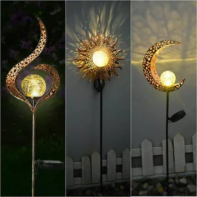 Solar Powered Sun Moon Flame LED Garden Stake Post Lights Pathway Lamp Ornament • £8.95