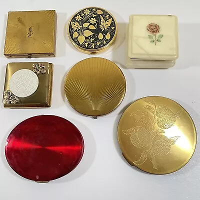 Vintage 1950s Cosmetic Makeup Powder Compacts Lot Of 7 Brass-Gold Finish-Red • $130