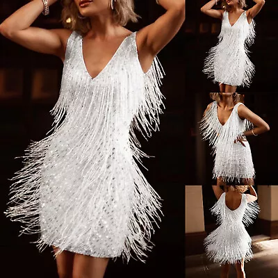 $41.40 • Buy Women Glitter Fringe Tassel Mini Dress Cocktail Evening Party Bodycon Ball Gown