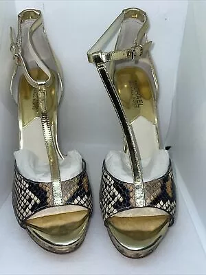 Michael Kors Women  Snakeskin Heels Shoes Size 7.5 Metallic Gold Open Toe • $20