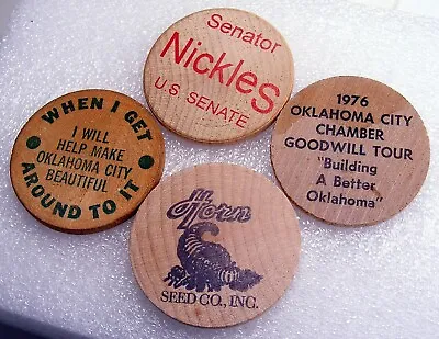 Lot Of 4 Old Oklahoma Wooden Tokens Political & OK.City Advertising Logos OKC07 • $3