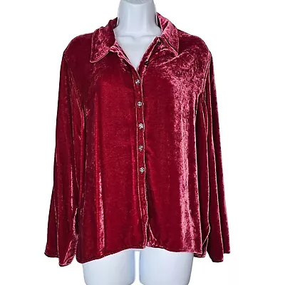 J. Jill Velvet Round Side Slit Button Down Collared Top Shirt Red Women Size L • $30