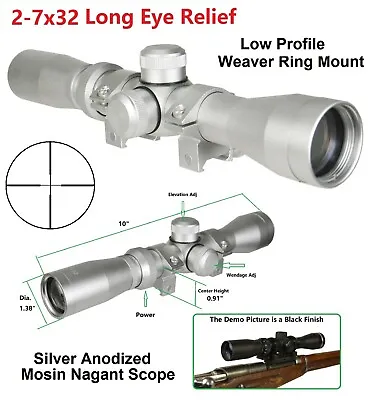 Silver Long Eye Relief 2-7x32 Scout Scope F Mosin Nagant M44 M91/30 M38 W Rings • $54.99