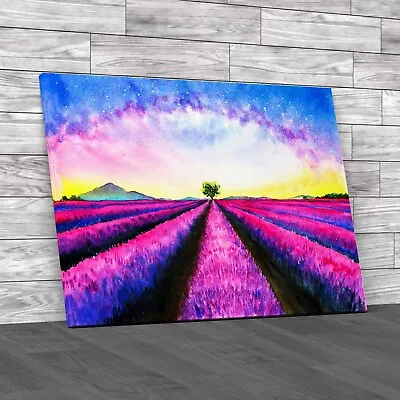 Serene Watercolor Landscape Lavender Field And Majestic Tree Original Canvas • £14.95
