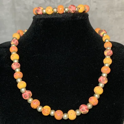 Handmade Viva Beads Polymer Clay Pink & Orange 70s Floral Bracelet & Necklace • $14