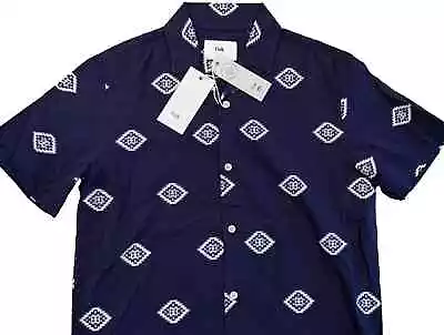 Folk Clothing Shirt Mens Large Camp Collar Ryder Navy White Cuban SS NEW $260 • $49.88