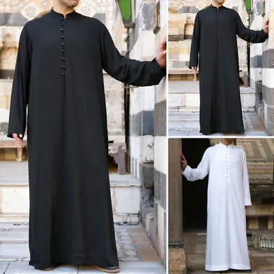 Muslim Men's Long Sleeve Saudi Jubba Kaftan Dishdasha Abaya Thobe Robes Dress • $25.55