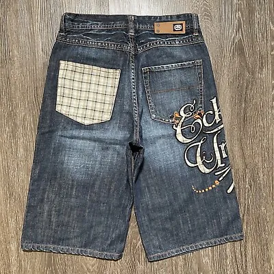 Vintage Ecko Unltd Shorts Mens 30 Blue Embroider Denim Baggy Hip Hop Skater Y2K • $49.46