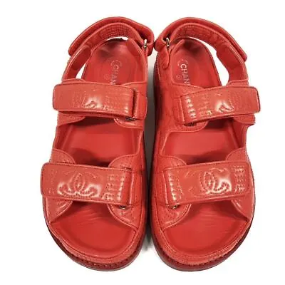 CHANEL CoCo Mark Sandals EU 37 US 6 CC Logo G34445 Red Leather Casual Ladies • $573.21