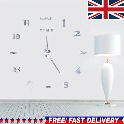 Large DIY 3D Frameless Number Wall Clock Mirror Sticker Home Office Room Decor • £11.49