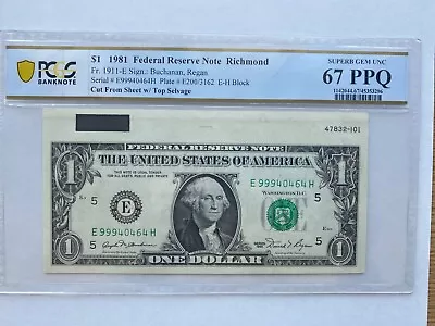 1981 $1 Federal Reserve Note (cut From Sheet With Top Selvage) • $39.99