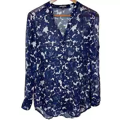 Express Sheer Floral Blouse Sz M Navy Blue Black Babydoll Tunic V Neck • $20