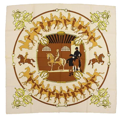 HERMES Scarf Carre 90 1974 Vintage Brown Yellow LEDOUX MANEGE Silk Horse Women • $149