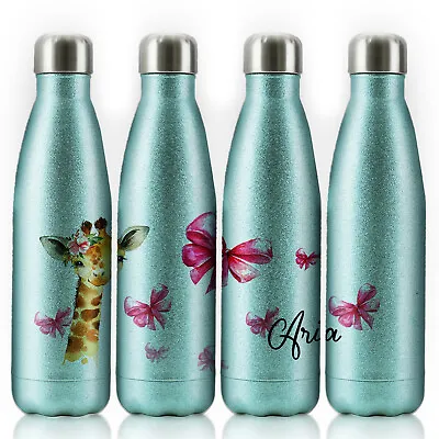 £16.99 • Buy Personalised Water Bottle;Blue Glitter Stainless Steel Flask With Name;500ml