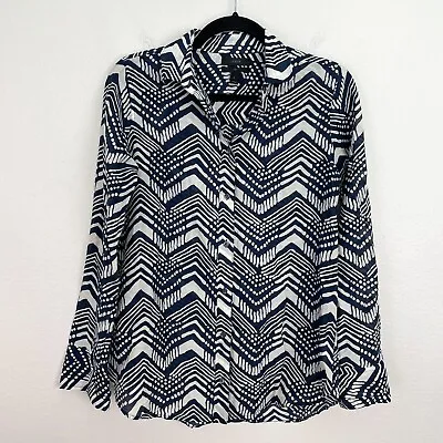 J Crew Womens 2 Boy Shirt In Multi Chevron Navy White Silk Blend Top Blouse • $24.99