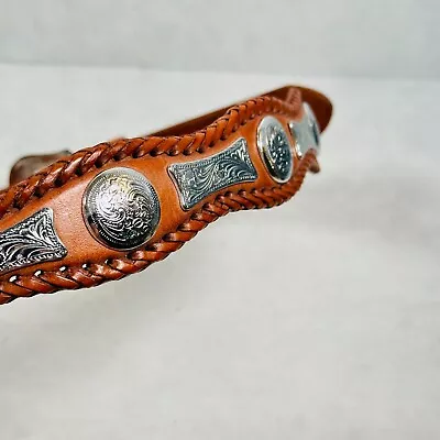 VTG Tony Lama Belt Mens 36 Brown Concho Scalloped Tooled Leather Cowboy Western • $49.95