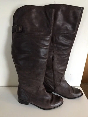 Uk Sz 7 EEE Wide Fit Wide Calf Evans Over Knee Aged Brown Leather Riding Boots • £100