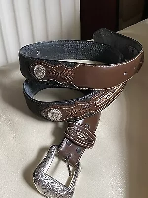 Vintage Nocona Western Men’s Leather Belt Size 38 Hand Stitched Chrome Conchos • $55