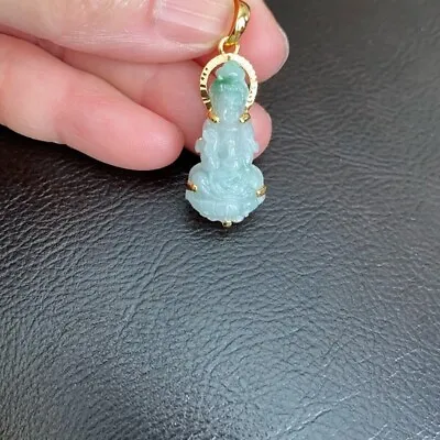 14k Solid Gold Natural Jadeite Jade Kwan Quan Yin Green Female Buddha Pendant S • $434.70